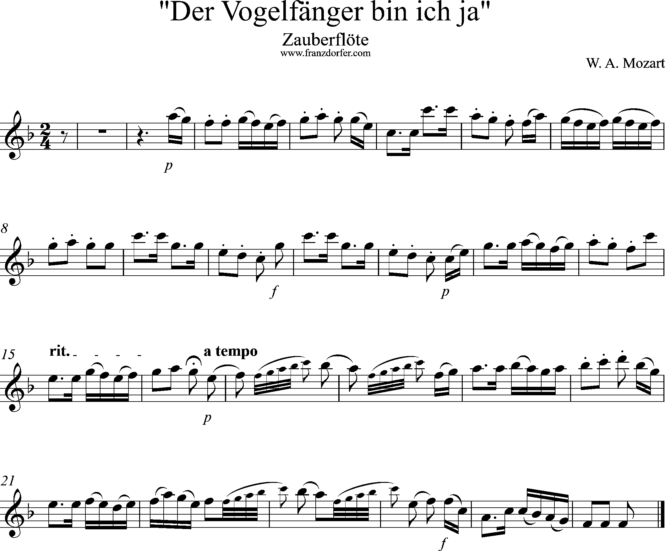 Uauberflöte, Vogelfängerlied, Solostimme, F-Dur
